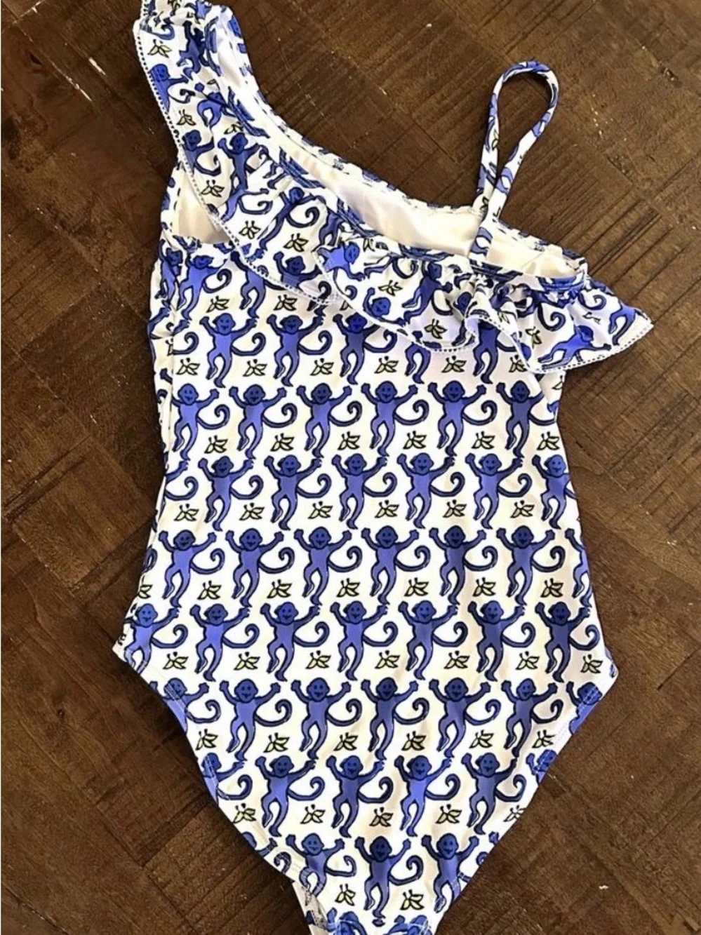 Roller Rabbit Kids 14/16 One-Shoulder Monkey Print Swimsuit in Blue